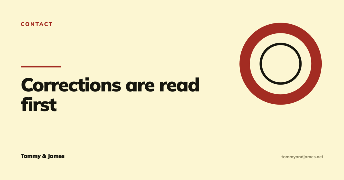 Cover card with a complete circular ring reading: corrections are read first