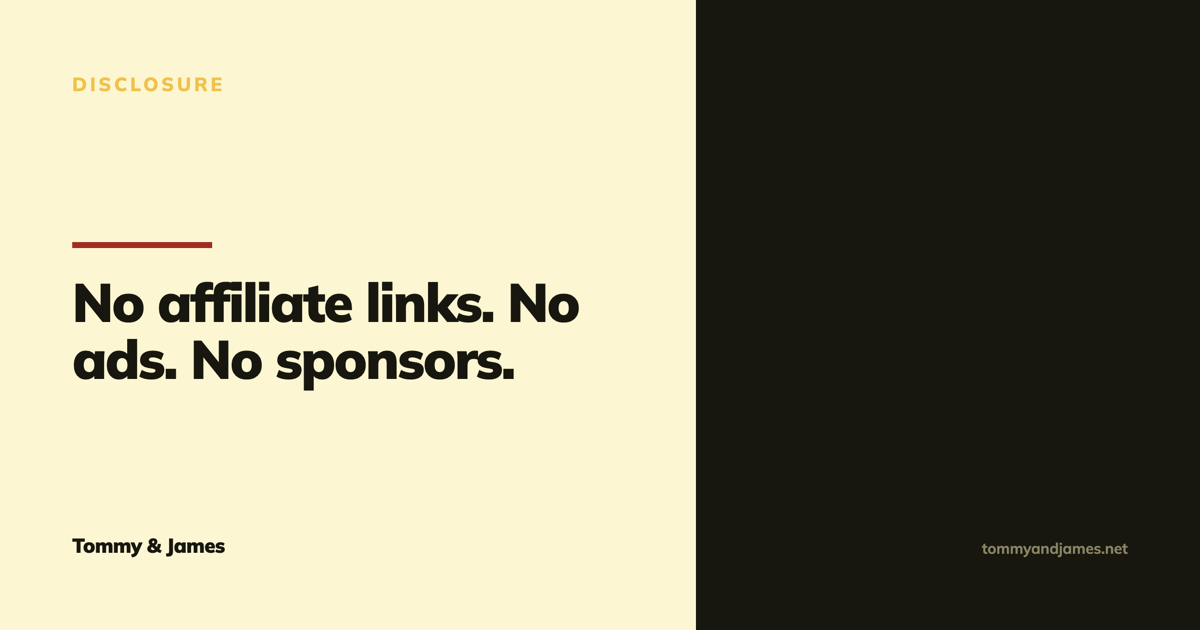 Cover card with a dark panel on the right reading: no affiliate links, no ads, no sponsors